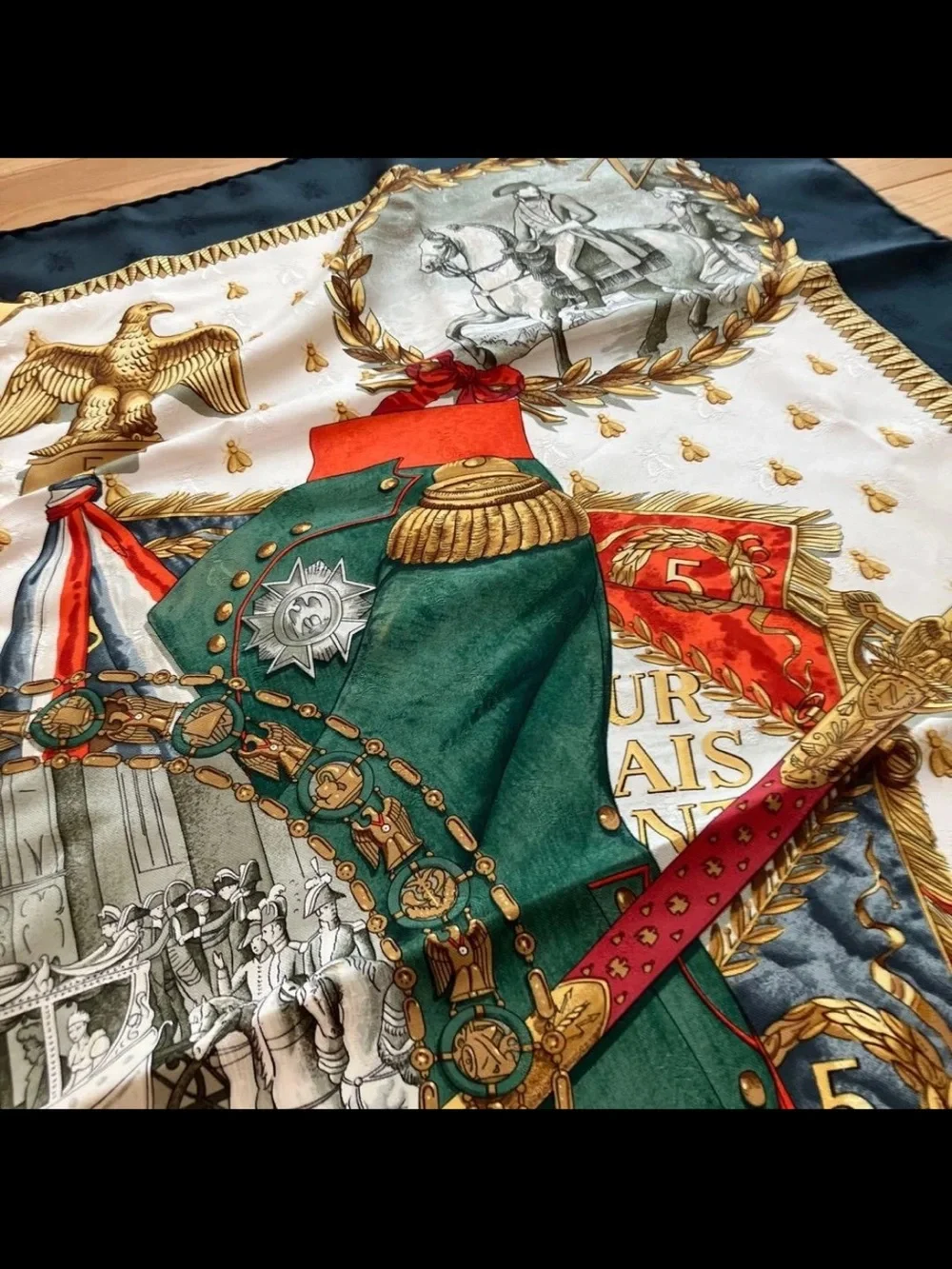 Hermes Navy, Red, Green and Gold Napoleon Motif Silk Scarf
